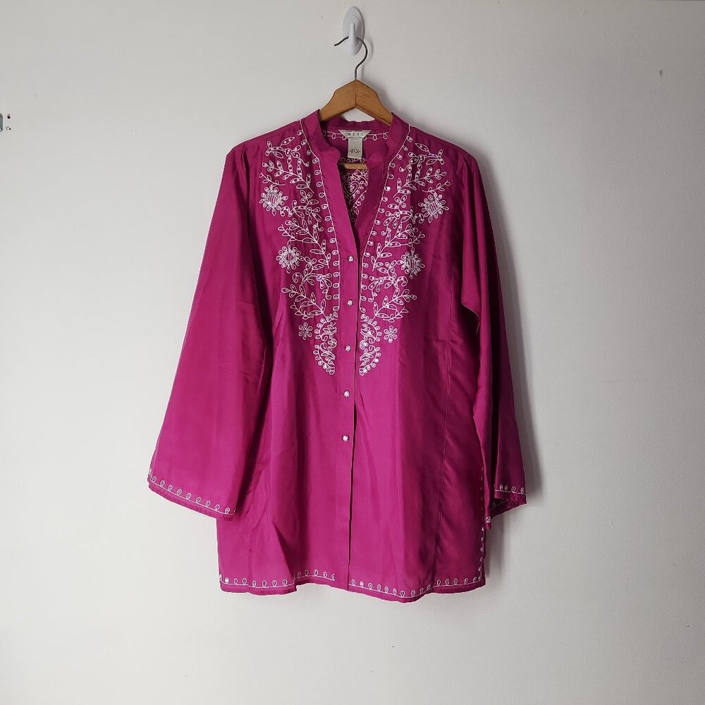 NEXX 100% Silk button down tunic blouse top hot pink embroidered sequins Sz L
